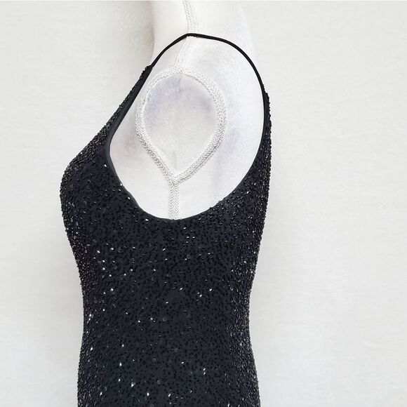 VINTAGE Marina B Black Sequin Beaded Side Slit Sleeveless Formal Maxi Dress 14 - Picture 9 of 16